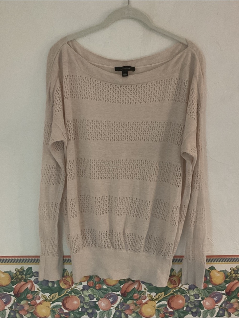 Ann Taylor Weekend Striped Pointelle Knit Sweater Size L Ecru/Sand